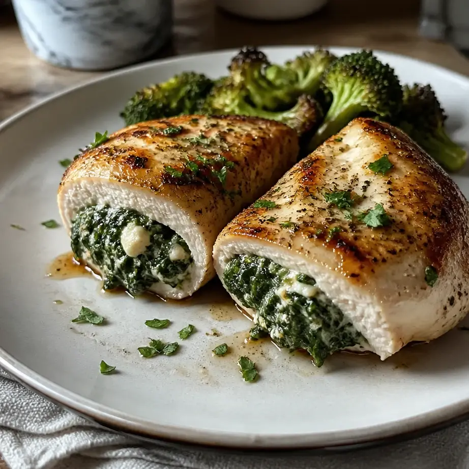 Spinach Stuffed Chicken Breast plated with vibrant green filling, tender and juicy low carb dinner