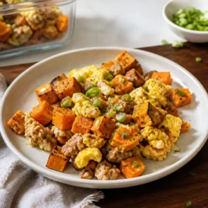 Sweet Potato Breakfast Hash with eggs, vegetables, and protein-packed ingredients in bowl