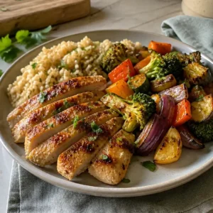 Easiest high protein meal prep you'll ever make with grilled chicken, quinoa, and roasted vegetables.
